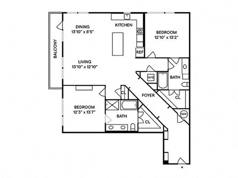Floor plan for 2 beds, 2 baths, 1444 sqft